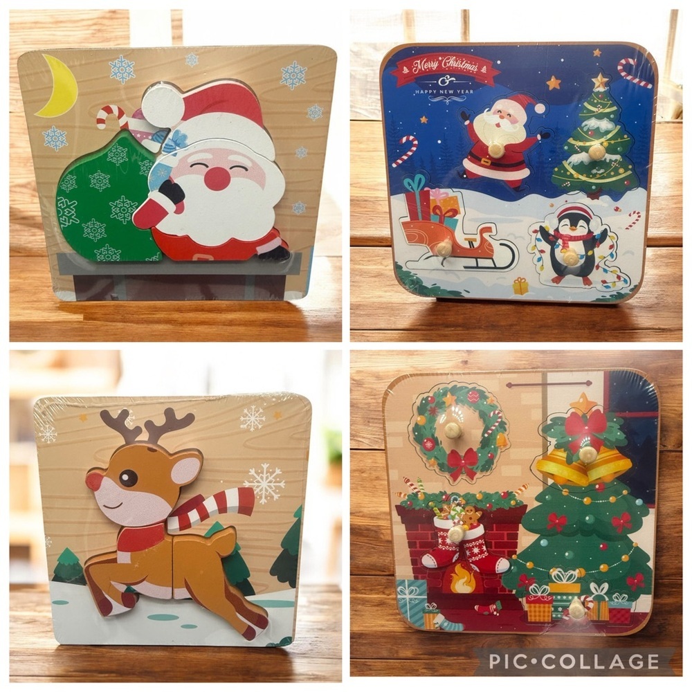 4 Pack Christmas Wooden Block Puzzles Kids Stocking Stuffers Holiday Games Toys